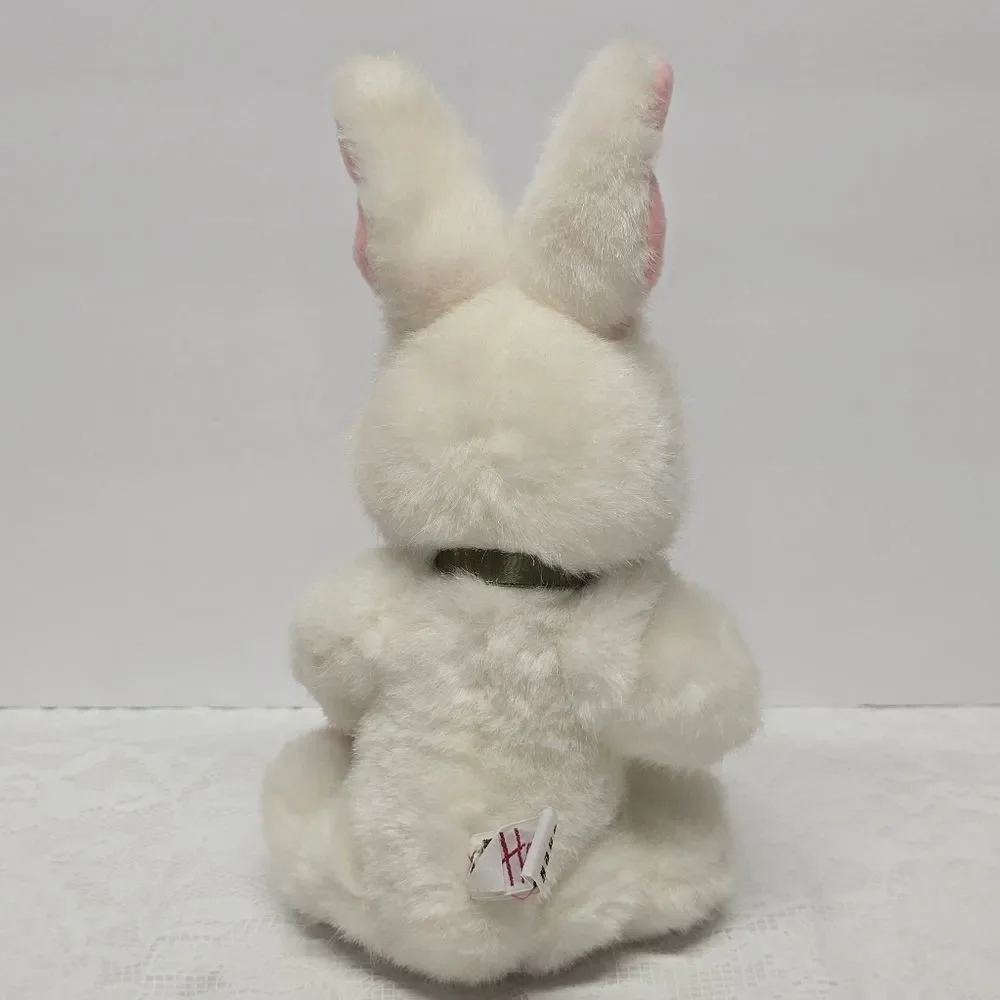 Vintage Harrods White Easter Bunny Rabbit Plush Olive Ribbon Made In Vietnam